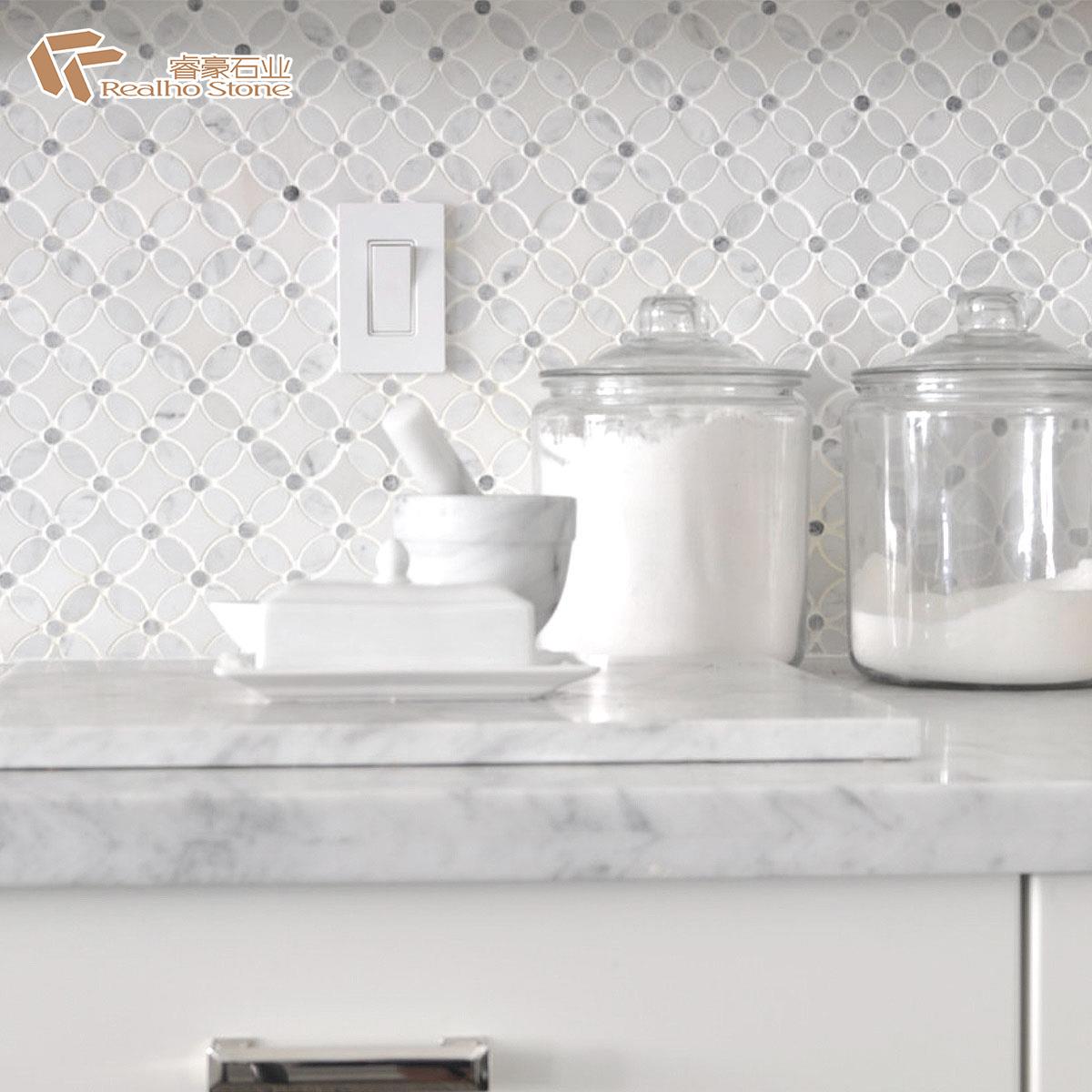 White Marble Mosaic Tiles in Kitchen Wall